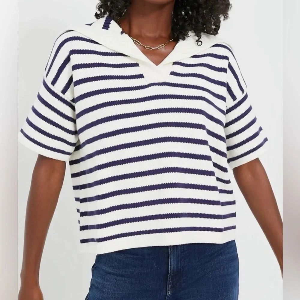Tuckernuck Claire Sweater S Ivory Navy Stripe Knit Polo Crop Coastal Chic